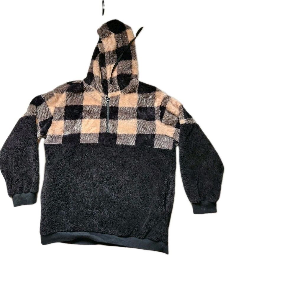 Tees2urdoor Sherpa 1/4 Zip Hoodie Black Brown Check Adult Unisex 3XL EUC